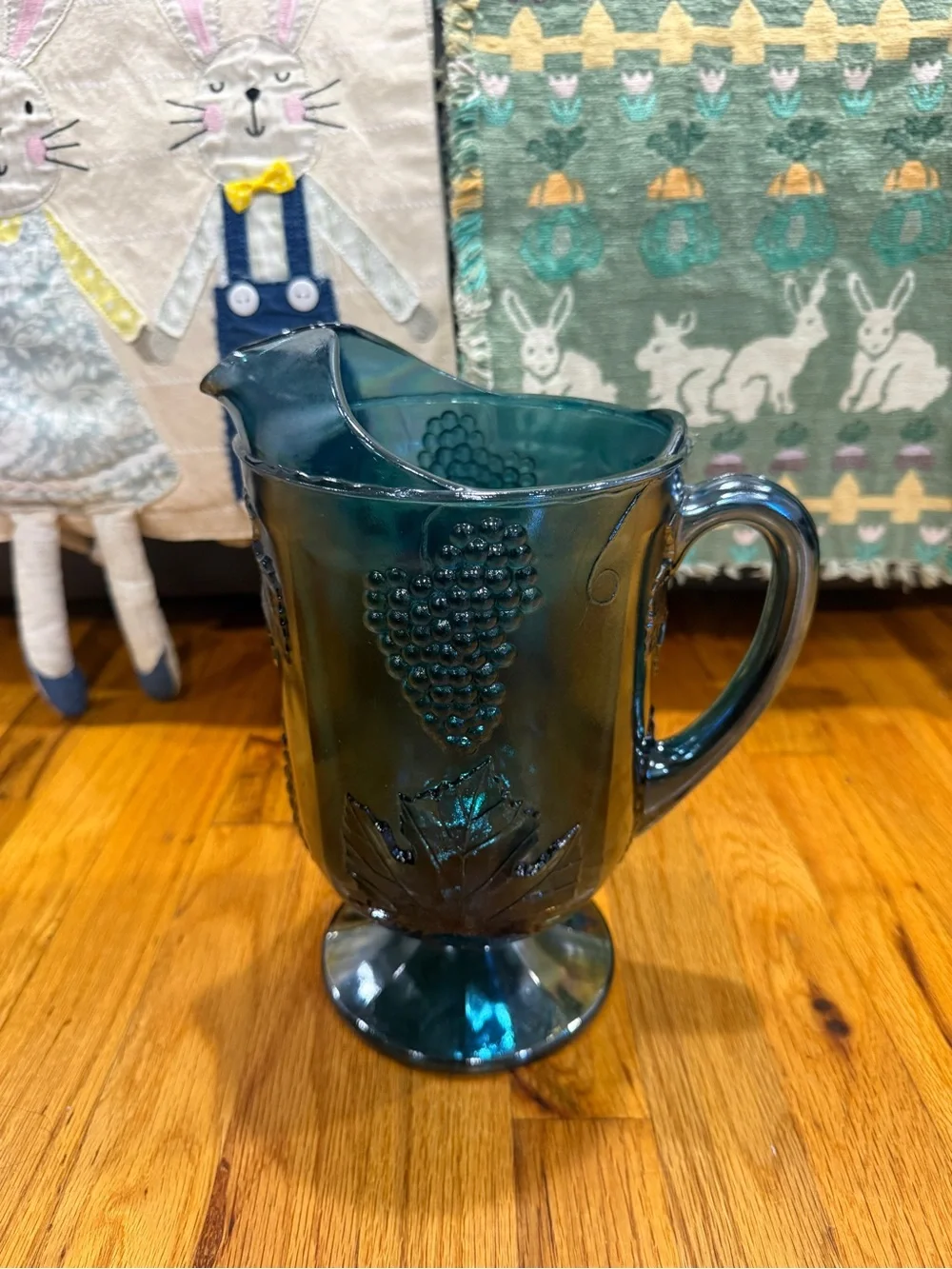 Iridescent Blue Glass Pitcher and 4 Goblets Set